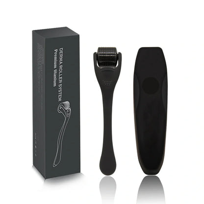 Black titanium alloy beard roller with multiple needle lengths for facial hair care