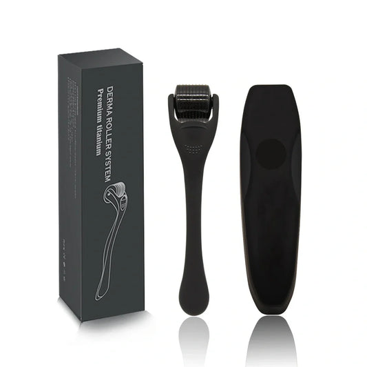 Black titanium alloy beard roller with multiple needle lengths for facial hair care