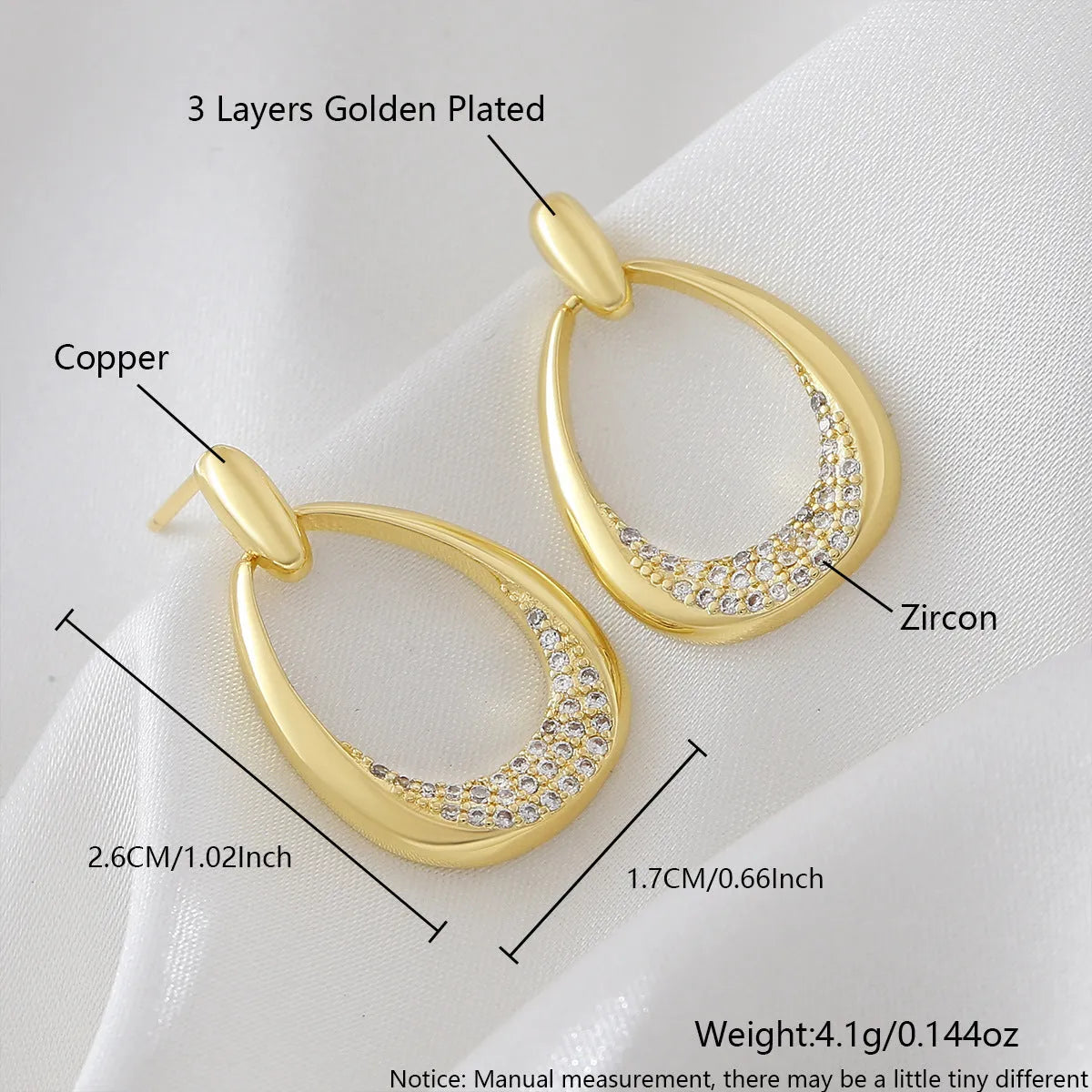 Women's yellow gold geometric drop earrings with zircon detailing measuring 2.6 by 1.7 centimetres