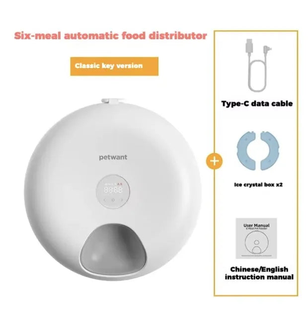 WiFi-enabled automatic pet feeder with app control, six food compartments, and two ice packs.