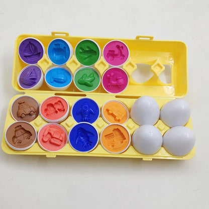 Educational shape matching egg toy with 12 colourful plastic eggs in storage case