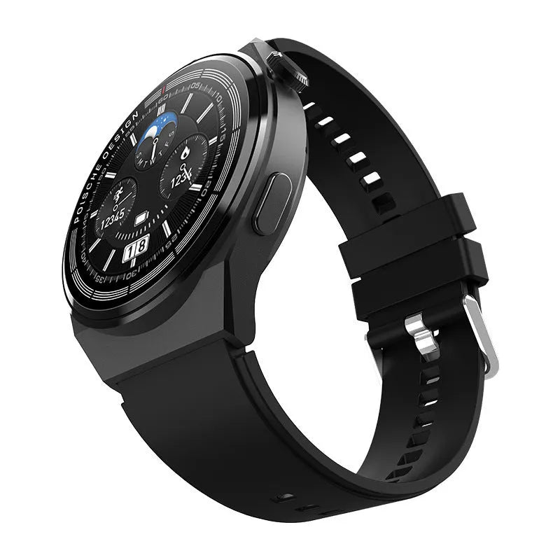 Black Bluetooth smartwatch with circular tempered glass screen showing NFC and blood sugar monitoring functions.