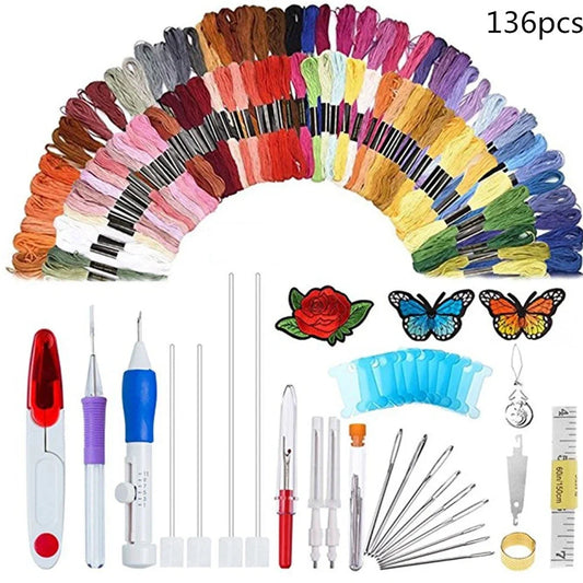 DIY embroidery set box with 50 coloured polyester threads on bobbins, 250g total weight, including butterfly pattern model 177