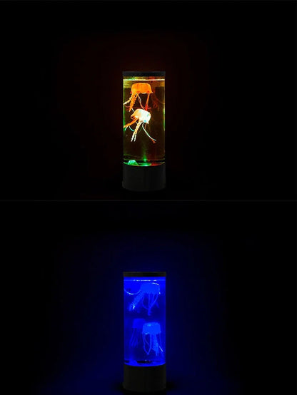 LED jellyfish aquarium lamp showing volcanic bubble effect with colour-changing lighting in black finish
