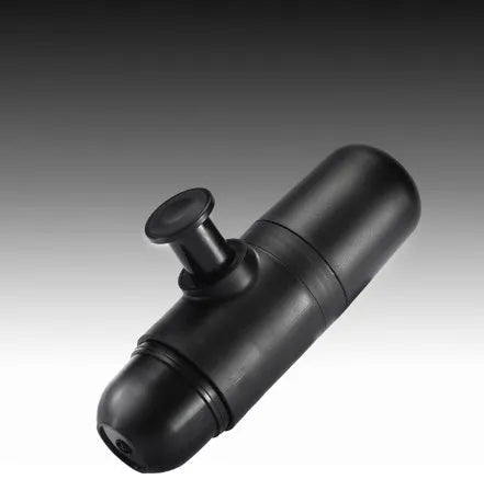 Black portable manual coffee machine with pressure gauge, 6cm wide and 17.5cm tall.