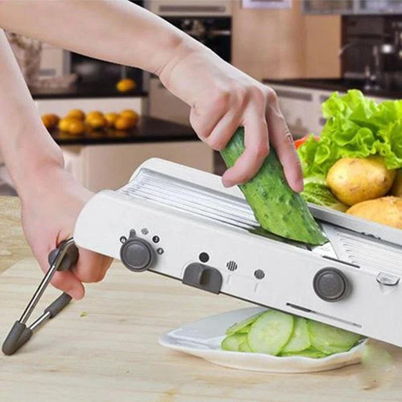 A versatile vegetable chopper with adjustable slicing, shredding, and waffle-cutting blades made of food-grade materials