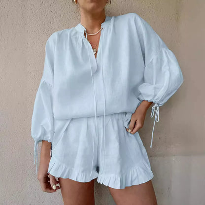 Women's lace-up V-neck lantern sleeve top and ruffled shorts set in cotton