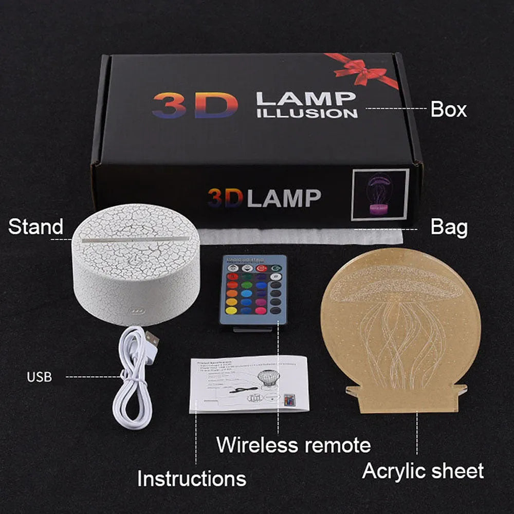 Sports 3D night light with acrylic shade, touch switch, LED light source, and 7 colour options in Black, Crack, or White.