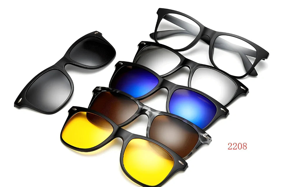 Magnetic sunglasses showing closure system with resin lenses and PC frame in multiple size options