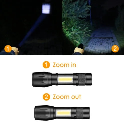Black aluminium alloy telescopic LED flashlight with a pocket clip, shown zoomed in and out.