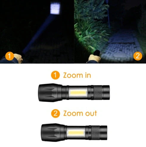 Black mini telescopic LED flashlight showing adjustable focus and pen-like design with clip attachment