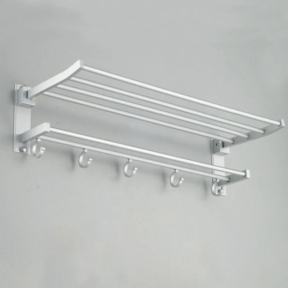 Silver aluminium 2-layer wall-mounted towel rack, 49cm length, for bathroom storage