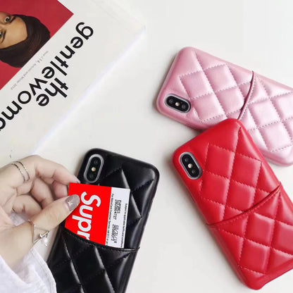 Leather mobile phone case for iPhone XS Max in black, pink, and red colour options.