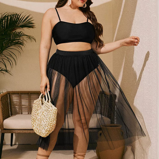 Plus size bikini split swimsuit with gauze skirt in black, wine red, blue, orange, or silver green