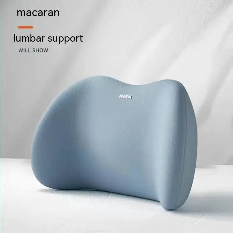 Black automotive headrest pillow and lumbar support pillow set with memory foam filler on a car seat