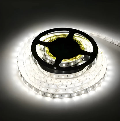 5m waterproof LED strip light with 60 LEDs per metre, white PCB 8mm wide, in white, warm white, or RGB.