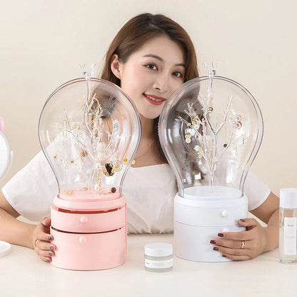 Rotating jewelry organizer with LED lights and USB charging for necklaces, earrings, and makeup storage
