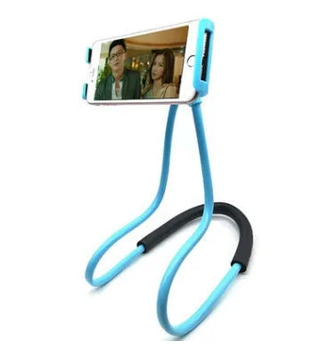 Neck phone holder with 360-degree rotating clamp in multiple colours, holding a smartphone