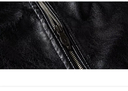 Men's black PU leather jacket with cotton lining, adjustable for diverse fits