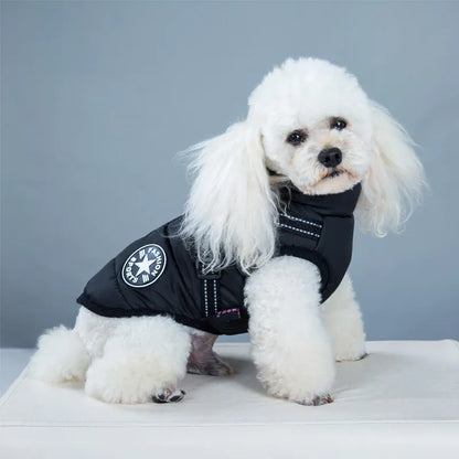 Waterproof dog coat with integrated harness in red colour, sized for medium dog breeds