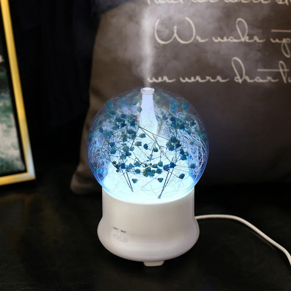 Blue hydrangea aromatherapy diffuser measuring 12x12x16.8cm with water reservoir and control buttons