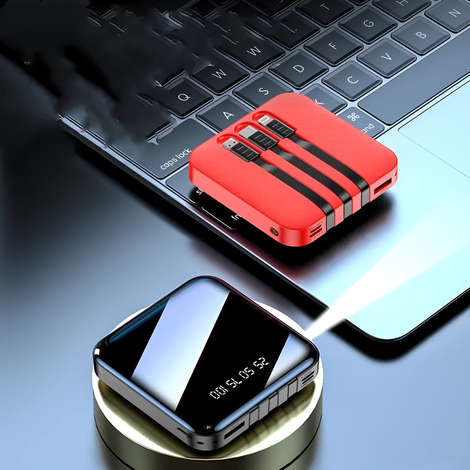 Mirror three-wire power bank with 20000mAh capacity measuring 80x80x23mm in black or red colour