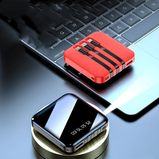 Mirror three-wire power bank with 20000mAh capacity measuring 80x80x23mm in black or red colour