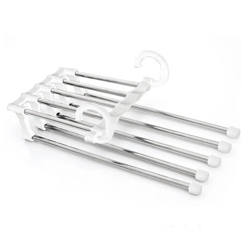 Five-boom stainless steel wardrobe hanger for trousers showing both level and vertical hanging methods