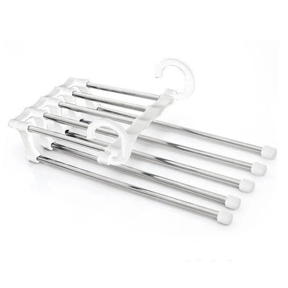 Five-boom stainless steel wardrobe hanger for trousers showing both level and vertical hanging methods