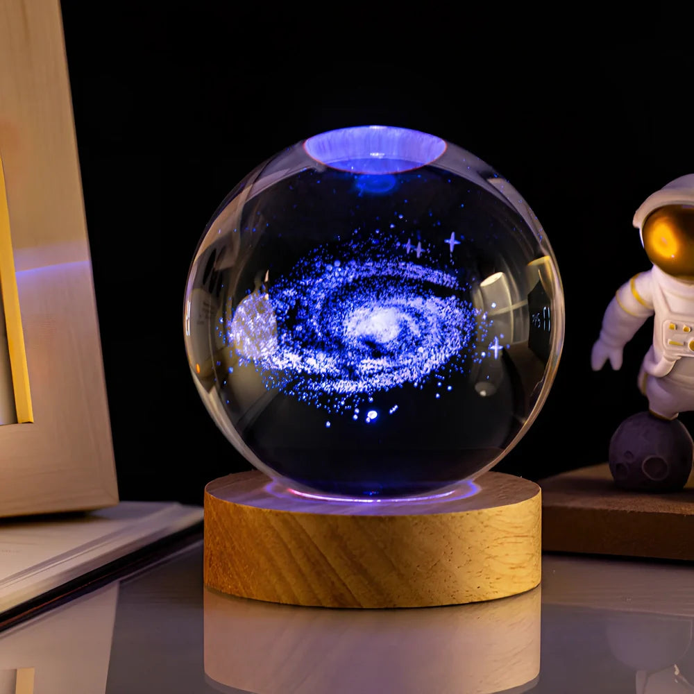 6cm crystal ball night light with Milky Way design on colourful base, USB cable connected