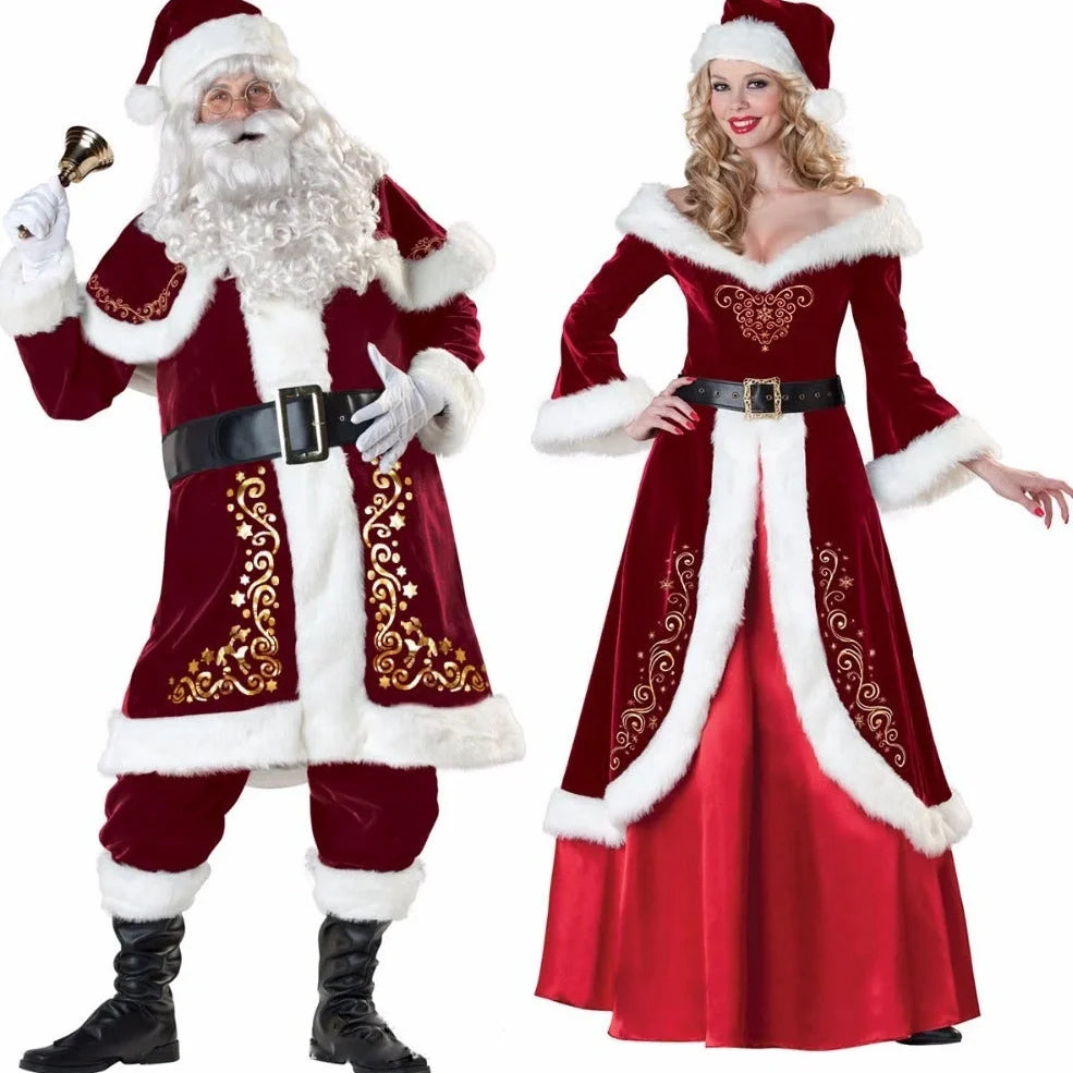 Red Christmas dress with princess and Santa Claus styling options, showing size range from bust 80cm to 104cm