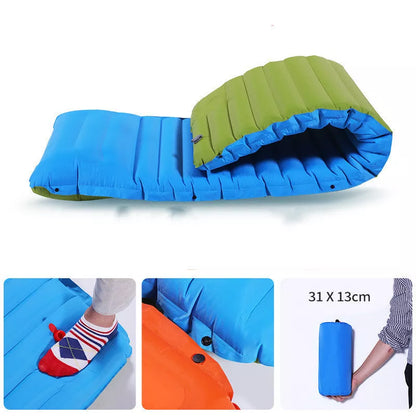 Portable inflatable bed mat for camping and picnics in blue with green