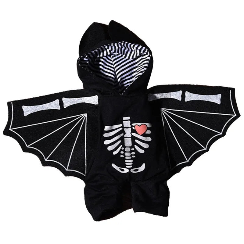 Halloween dog costume example in size M, showing the Bat Suit design made from polyester fabric.