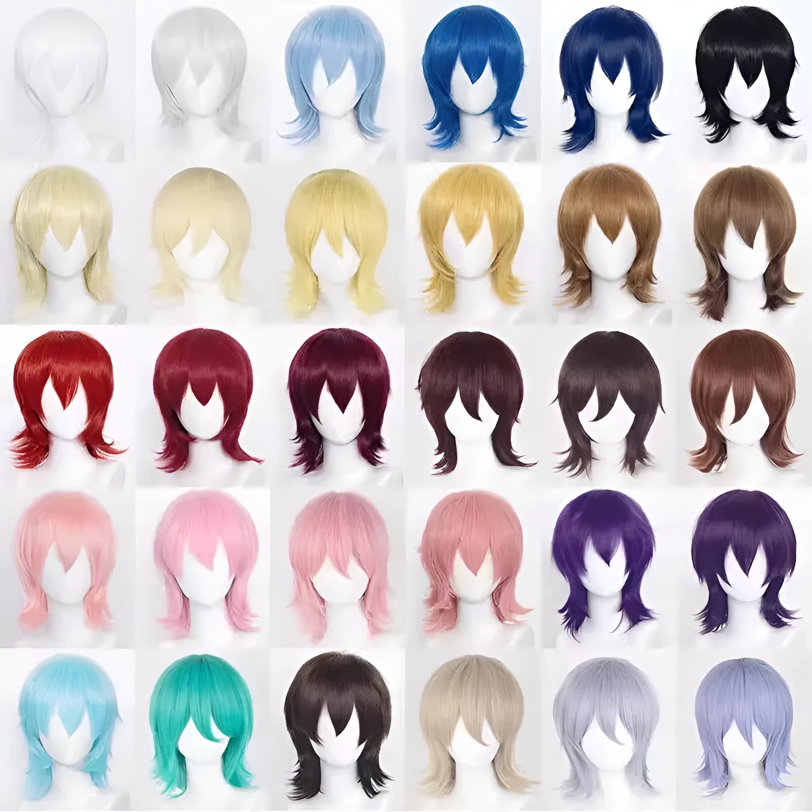 Short black anime-style cosplay wig for men with a lengthened hair tail, made from synthetic fibre.