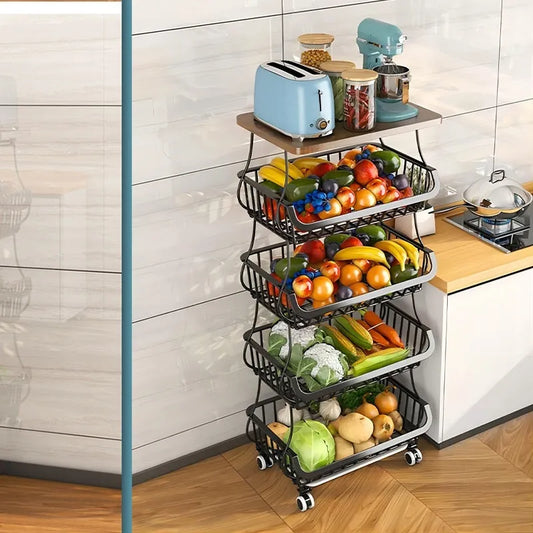 Black kitchen storage trolley with 6 shelves, carbon steel frame, and locking wheels on kitchen floor