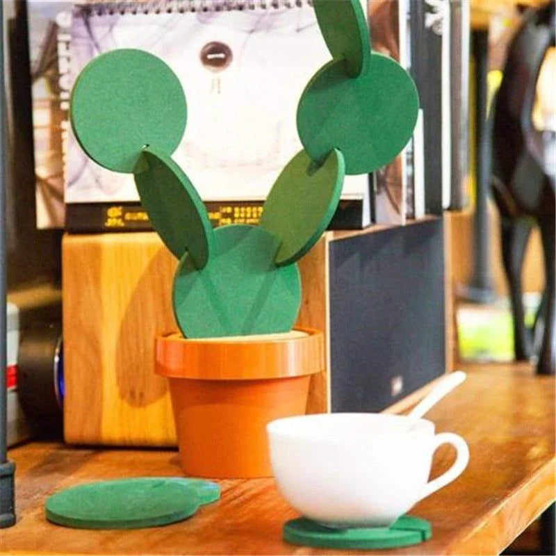 Cactus-shaped coaster set with various sizes to hold hot and cold drinks, protecting tables from scratches and marks