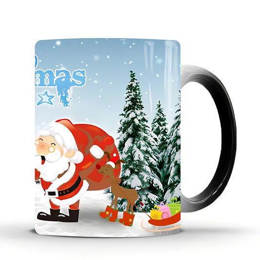 White ceramic Christmas mug showing colour transformation with hot liquid revealing festive scene