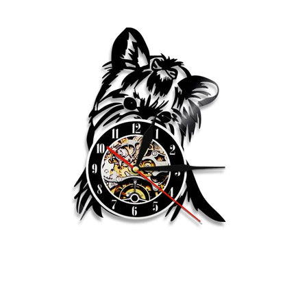 30cm vinyl record wall clock with dog breed designs, silent quartz movement, and pre-installed hook