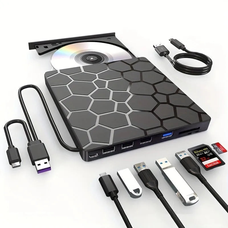 Black external USB CD/DVD drive burner for laptop and desktop computers