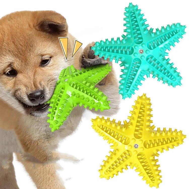 Starfish Vocal Pet Dog Toy Molar Stick in lake blue, yellow, and green for teeth cleaning