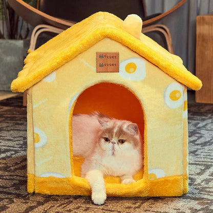 Removable washable plush pet bed house for cats and small dogs, closed yurt shape, available in brown, yellow, grey, blue and pink