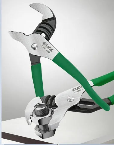 CR-V steel adjustable water pipe wrench set showing four sizes on a workbench.