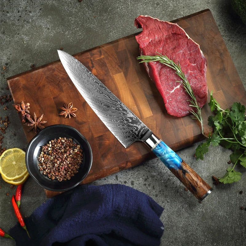 Premium 67-layer Damascus steel chef's knife with elegant brocade pattern, durable corrosion-resistant construction, and ergonomic handle for exceptional cutting performance