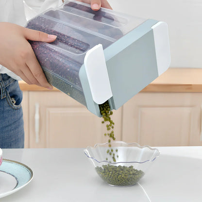 Clear plastic food storage box with measuring scale and blue lid