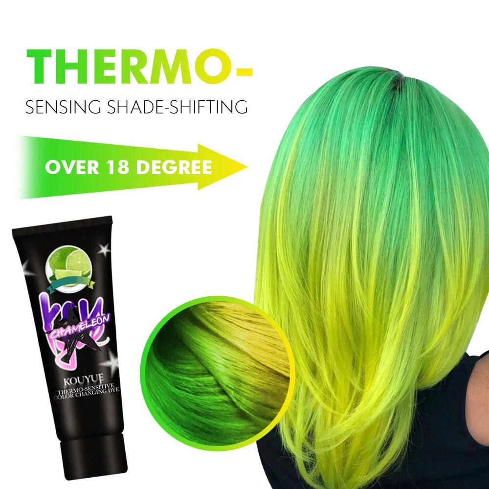Thermochromic hair dye cream that changes color at 18°C, available in green yellow and black silver
