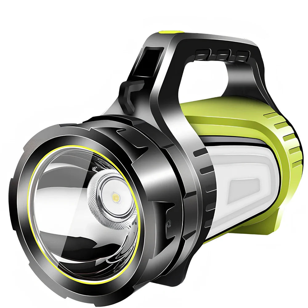Portable LED flashlight with adjustable strap showing 6000 lumens brightness and 800m range specifications