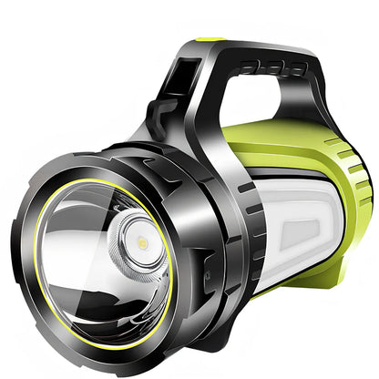 Portable LED flashlight with adjustable strap showing 6000 lumens brightness and 800m range specifications