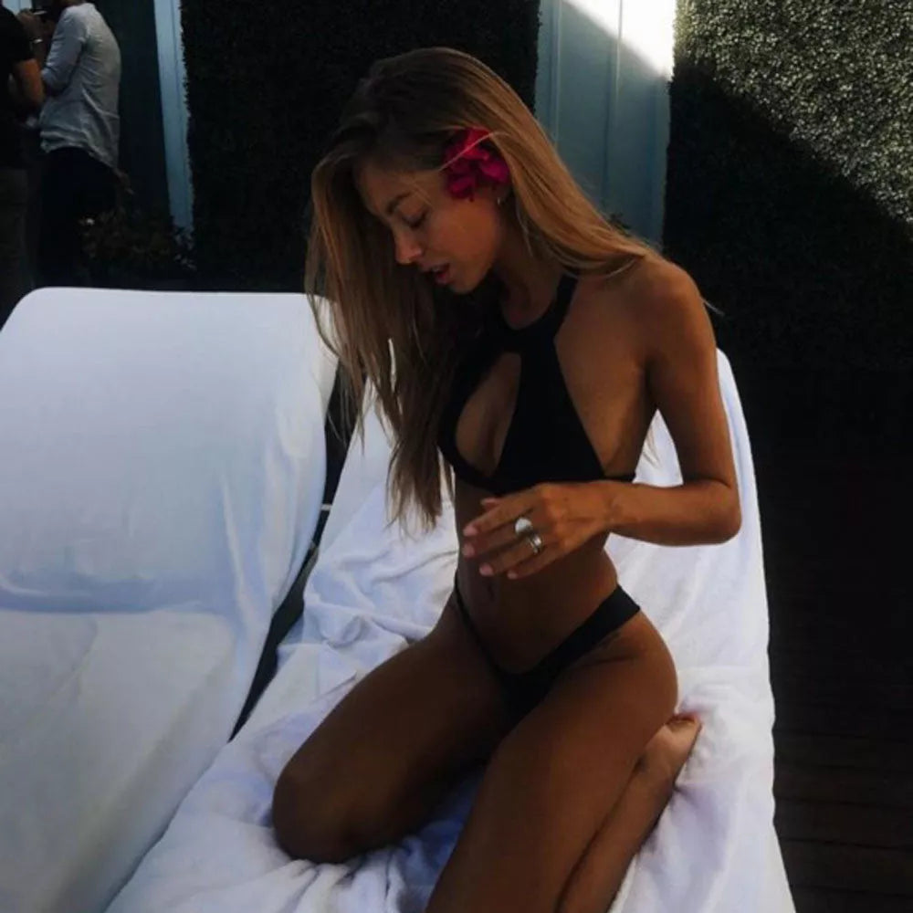 Black nylon bikini for women with chest pad, ideal for swimming and fitness