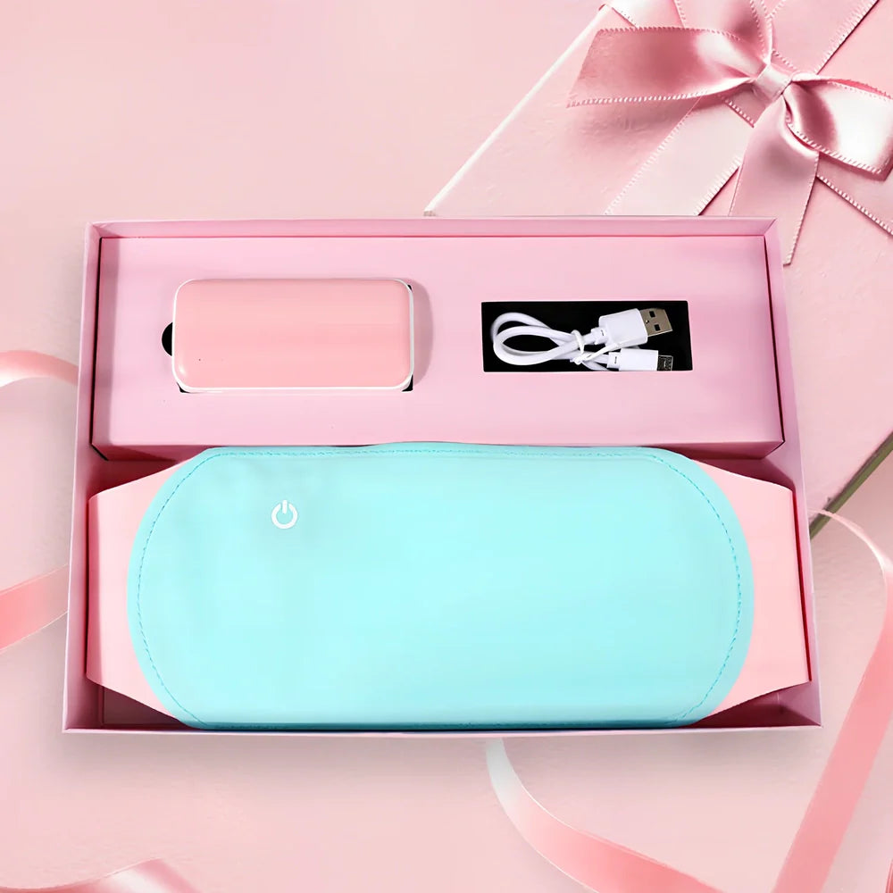 Pink Warm Heart Heating Belt with temperature control buttons and LED indicators on Lycra fabric surface