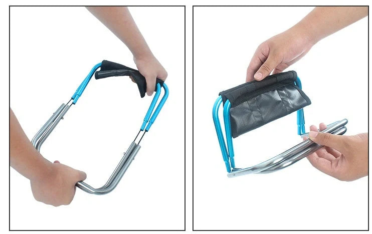 Compact outdoor folding chair in blue or red with aluminum frame and Oxford cloth seat